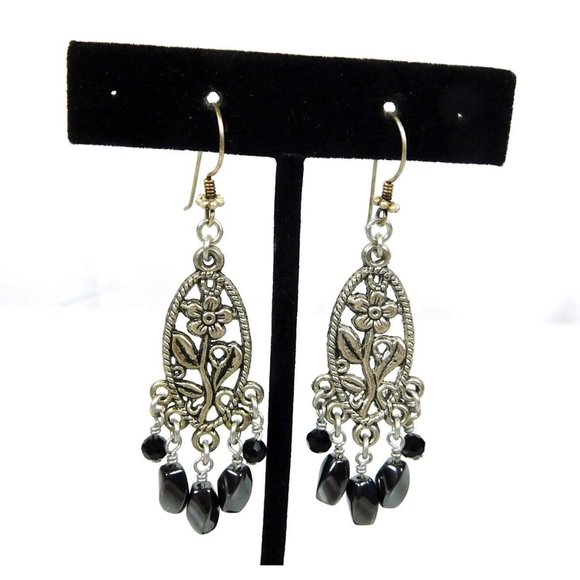 Dangle Chandelier Framed Flower Black Beaded Pierced Earrings Ear Wire - Picture 1 of 7